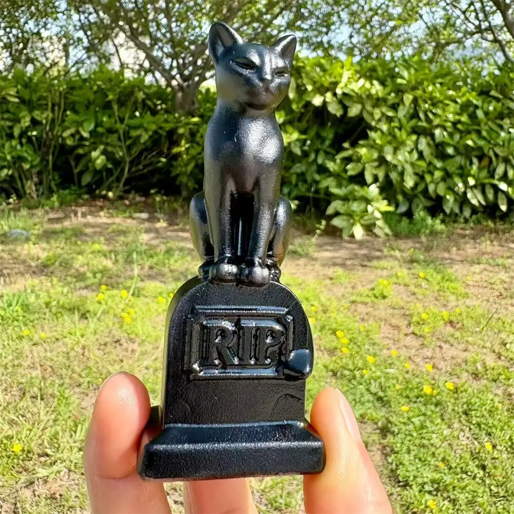 Natural White Marble & Black Obsidian Cat Statue Healing Carving Polished Mineral Home Decor Ornament Tombstone Figurine