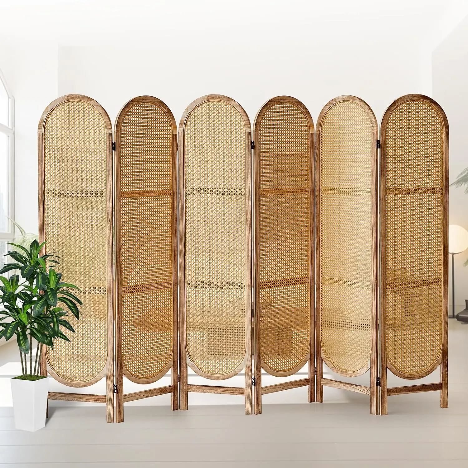 6 Panel Rattan Room Divider, Folding Room Divider Screen, Natural, Customized