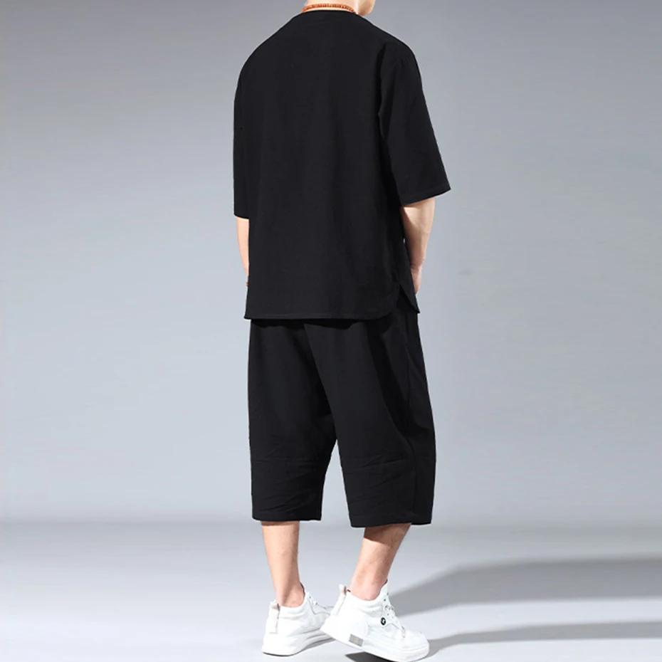 Men's Sets Summer Vintage Embroidery Suits 10XL 11XL Plus Size Summer T-shirt Calf-length Pants Male Big Size Suits