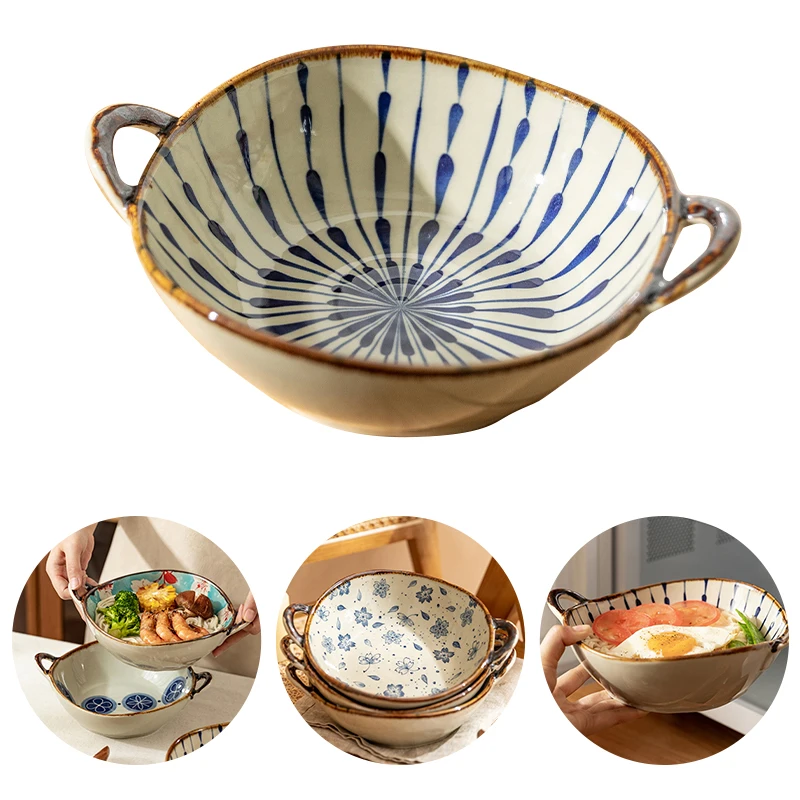 

Japanese Household Noodle Bowl 7.5inch Ceramic Soup Bowl With Handle Salad Pasta Bowl Kitchen Tableware Microwave Oven Bakware