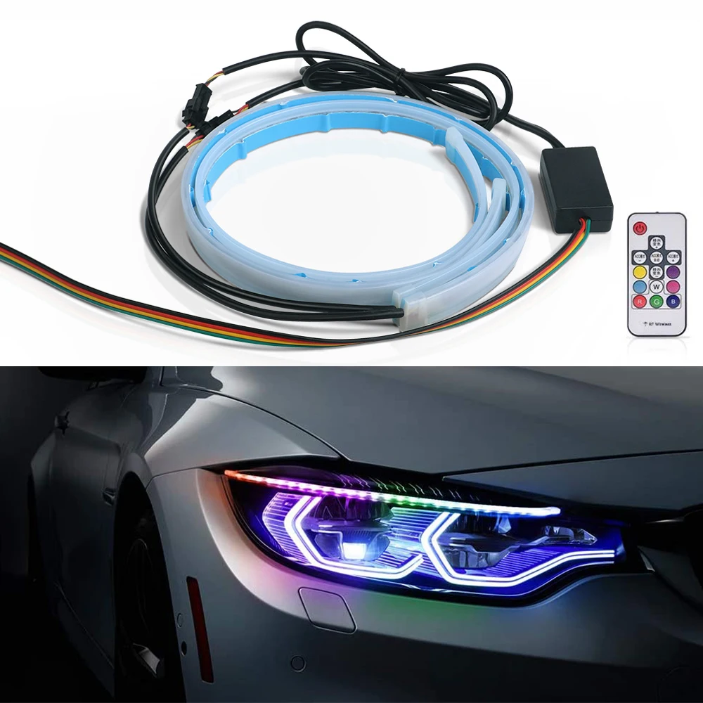 

2 шт. Автомобильные DRL дневные ходовые светодиодные фонари RGB Полоса указателя поворота Светодиодная RGB неоновая полоса с дистанционным управлением для автомобильных фар 12 В