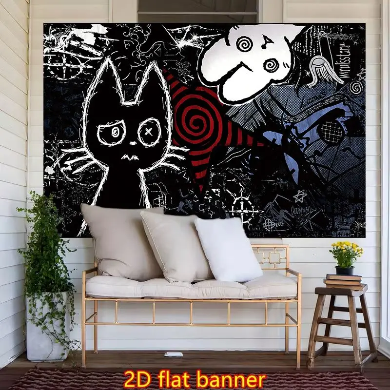 VIKAMA Dark Graffiti Little Black Cat Spiral Pentagram Subcultural Tapestry Background Abichao Cool Wall Decoration Room Decor