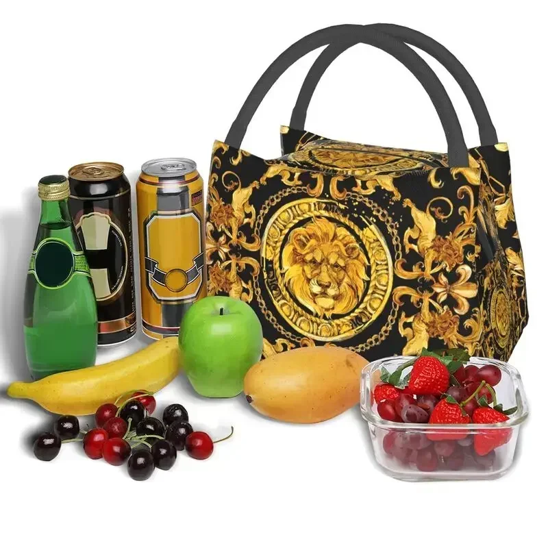 

Custom Golden Lion And Damask Ornament Lunch Bags Men Women Warm Cooler Insulated Lunch Boxes for Picnic Camping Work Travel