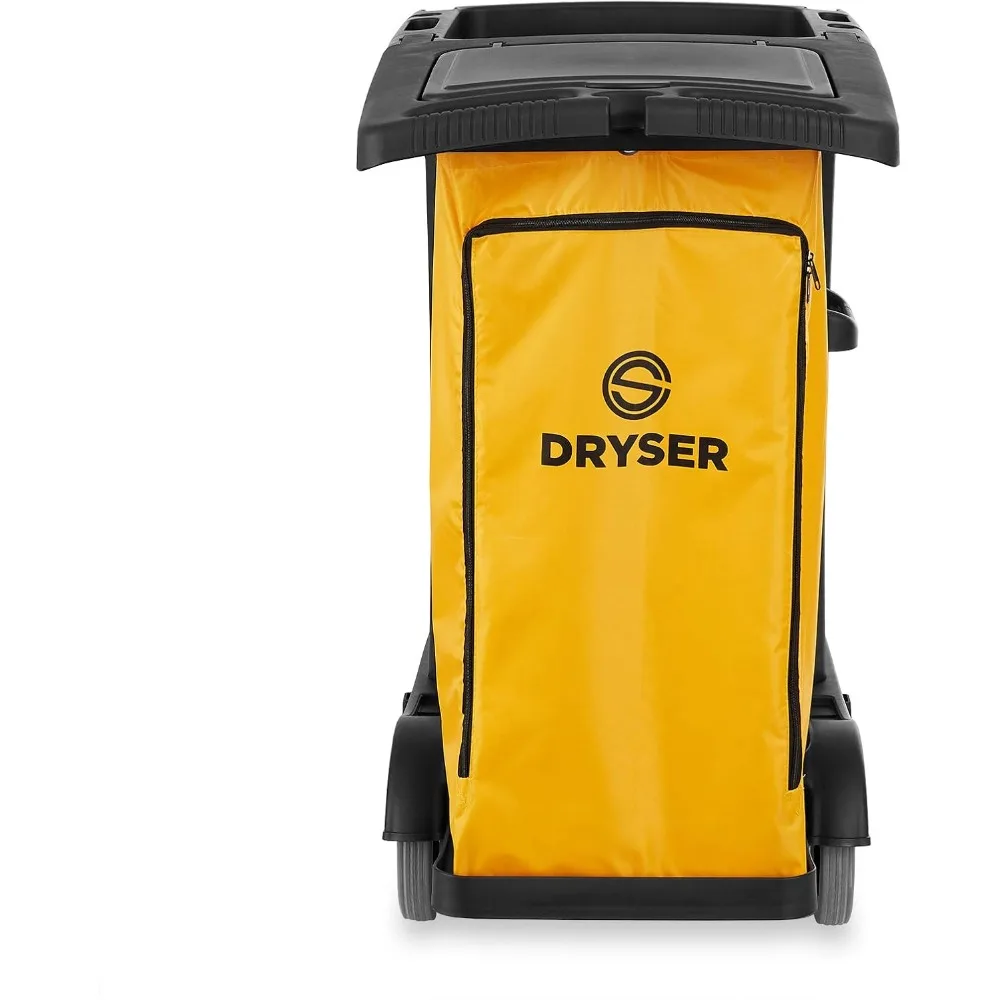 عربة التنظيف التجارية على عجلات - علبة التدبير المنزلي باللون الأسود مع غطاء وأرفف وحقيبة من الفينيل