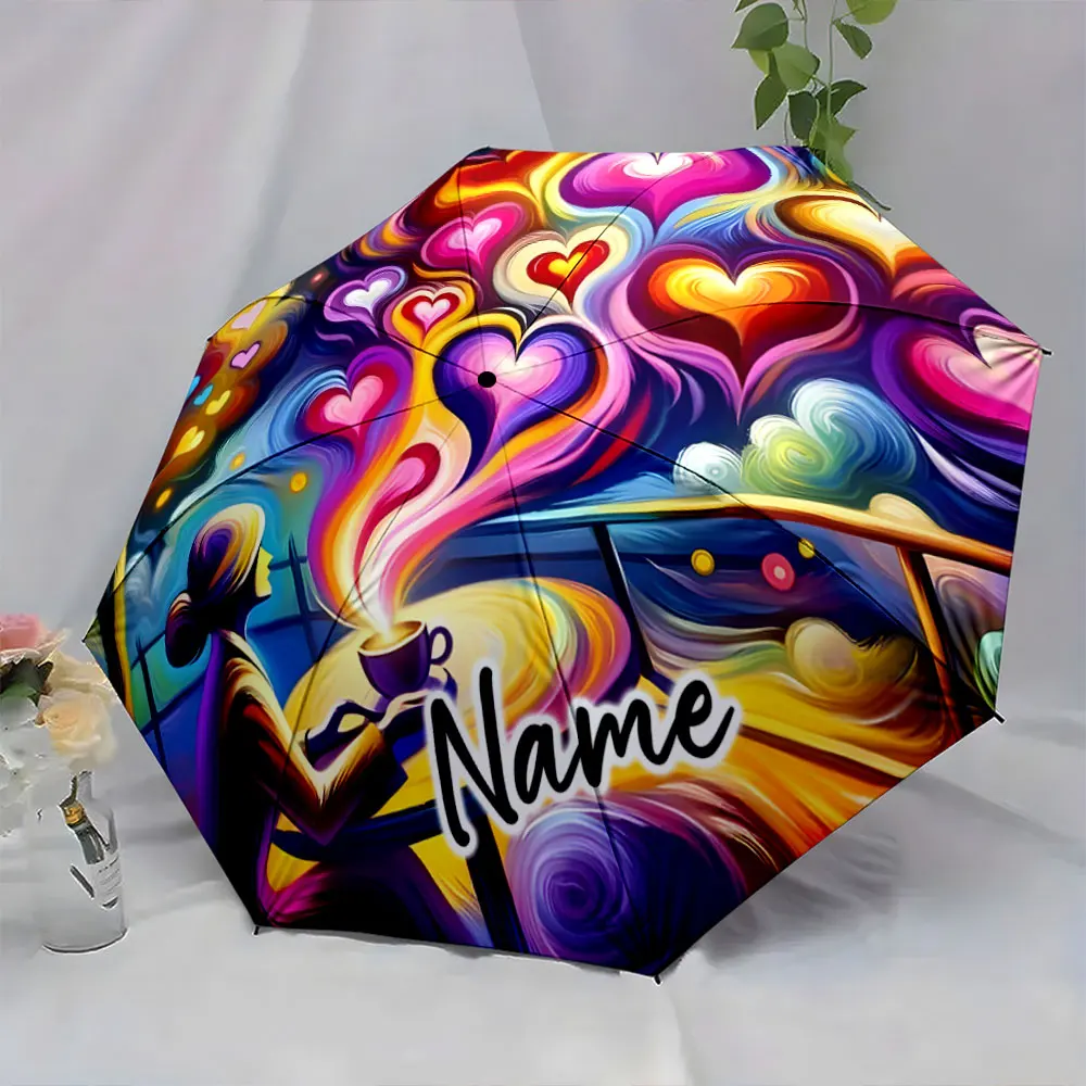 Custom Name  Colorful Heart Umbrella for Artistic Expressions Print 8 Iron Ribs Folding Umbrella Auto-Open Fashion Sunshade