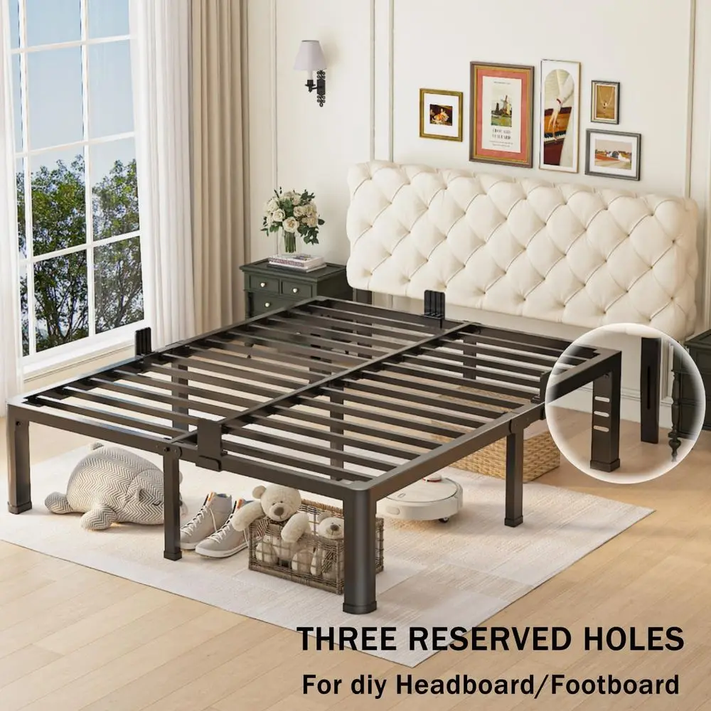 14 Inch Full Size Bed with Round Legs, Heavy Duty Metal Platform, Steel Slat Support, No Box Spring Needed, Easy Assembly, Noise