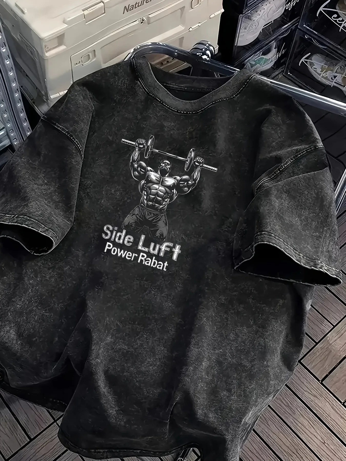 Camiseta de Verano para Hombre con Estampado de Levantamiento de Pesas 'SIDE LUFT', Estilo Retro, 100% Algodón Lavado, Corte Holgado, Estilo Hip-Hop