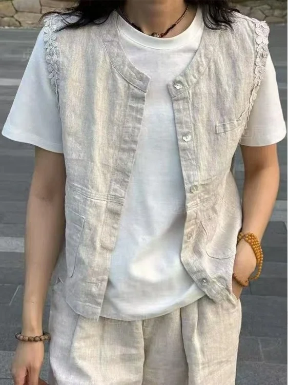 

Женский льняной жилет с кружевной отделкой на пуговицах, весна-лето, антивозрастной, универсальный, из смесового хлопка и льна, легкий, с круглым вырезом