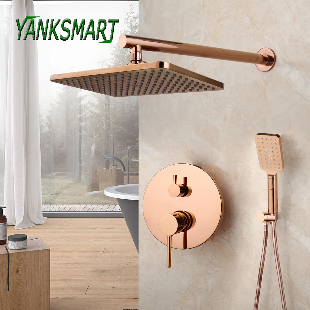 

YANKSMART Rose Gold Bathroom Shower System Faucet Hand Rainfall Shower Rotate Embedded Box Bath Spout Mixer Water Tap Combo Kit