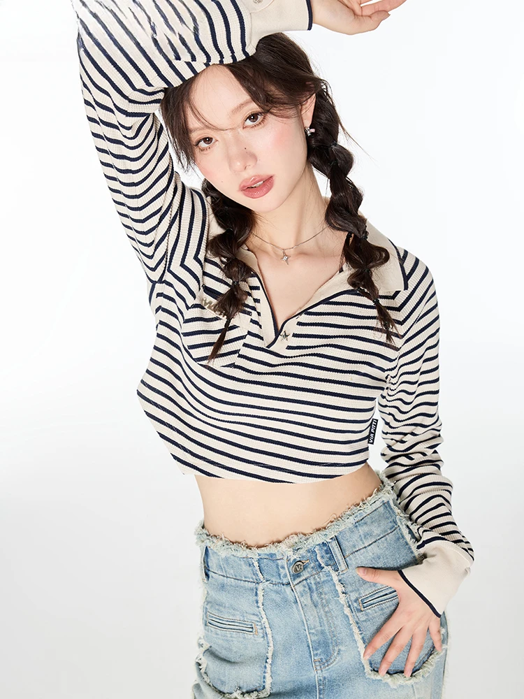 

Pullover Sweater Women's Loose Casual Striped Stitching Fashion Versatile New Niche Design Lapel T-shirt Thin Spring and Autumn