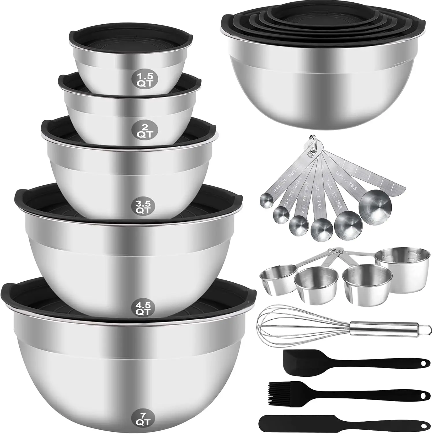 

25-Piece Stainless Steel Mixing Bowls Set with Lids, Nesting Bowls 7-1.5QT, Baking Utensils Included
