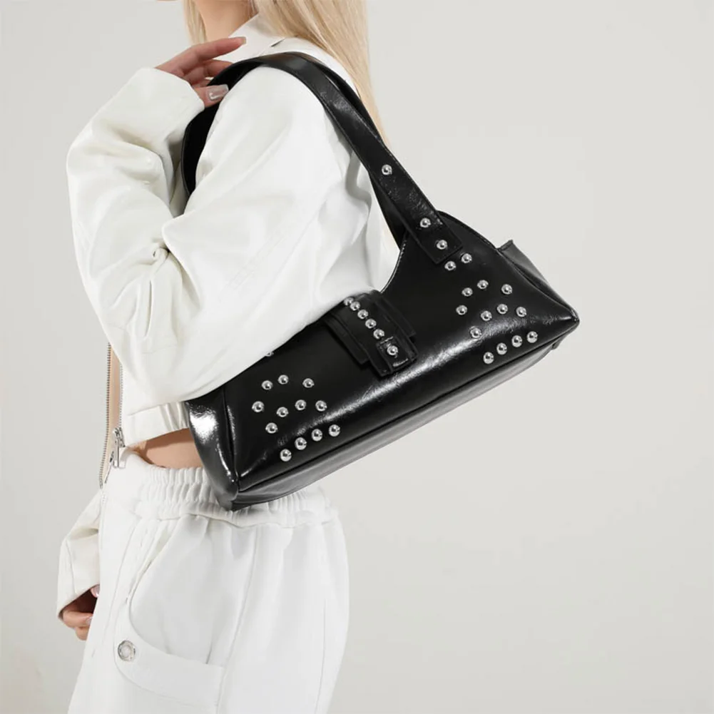 

Shoulder Bag for Women Rivet Punk Underarm Bag PU Leather Studded Y2K Handbag Hobo Purse for Work Travel Shopping