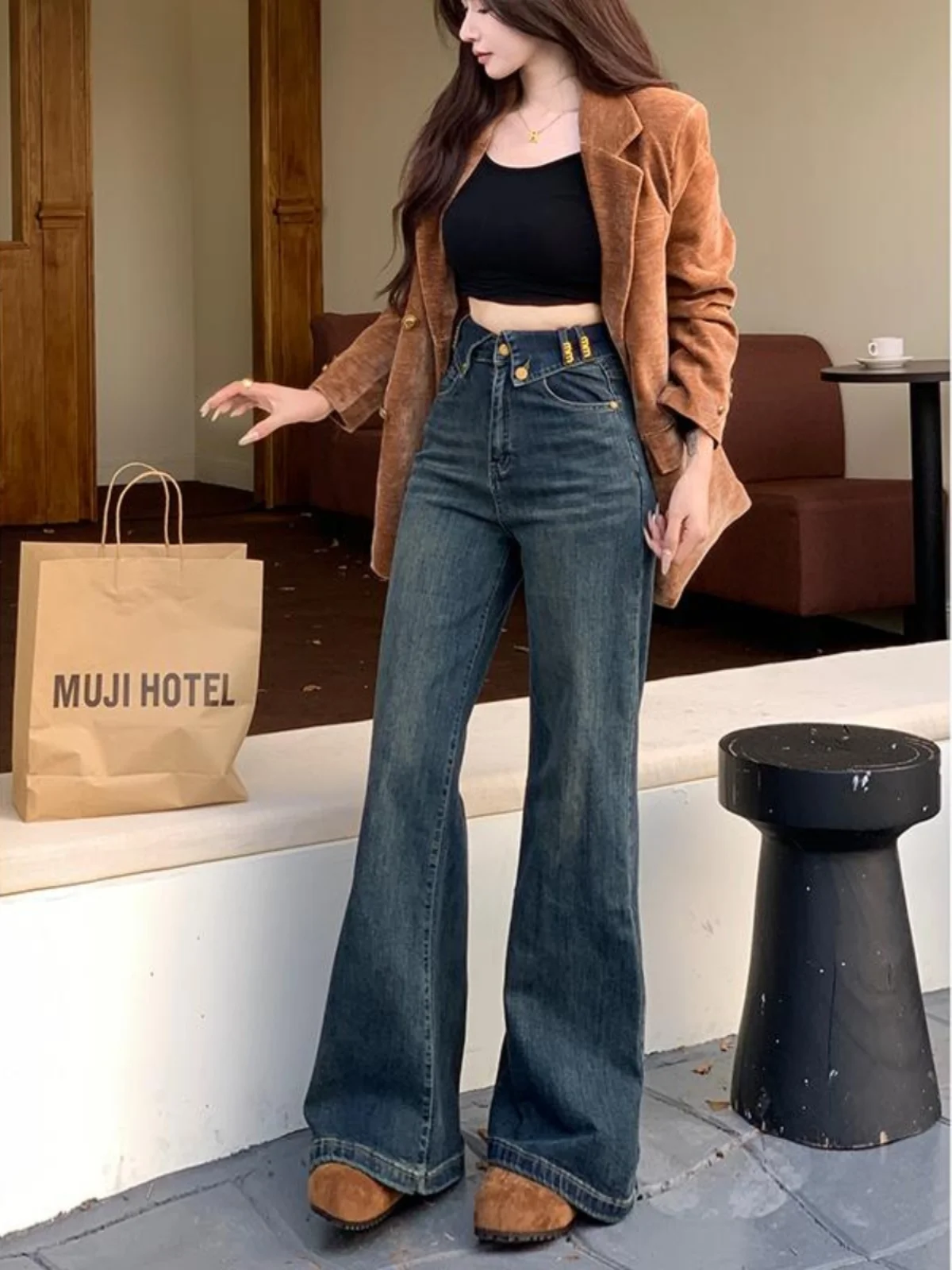 Jeans a vita alta dimagranti a vita alta con campana Bot Jeans versatili da donna con stampa di lettere, vestibilità comoda, pantaloni lunghi, pendolari casual