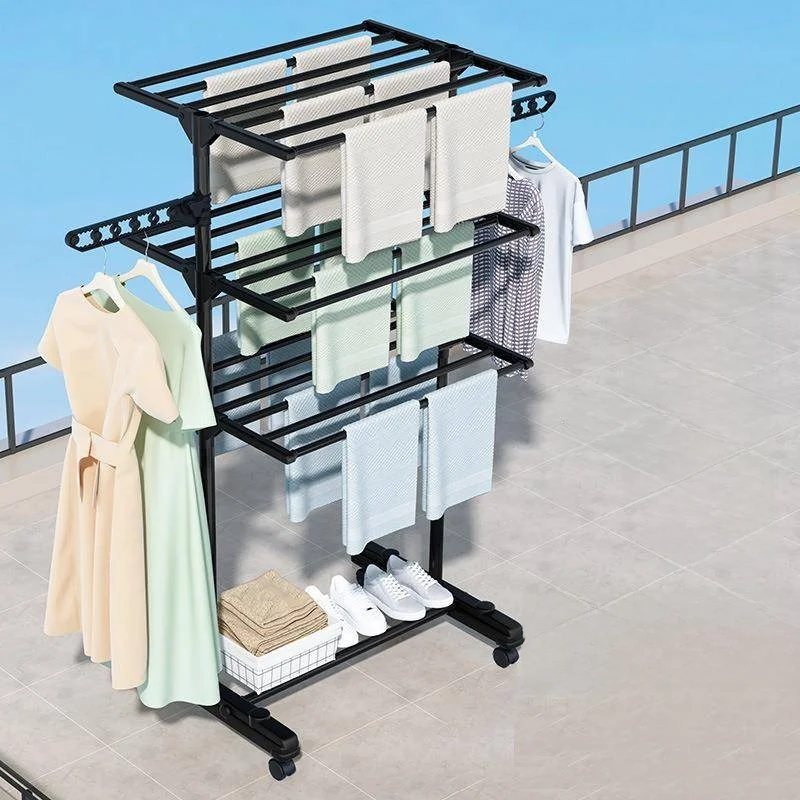 Multi-Layer Clothes Drying Rack Wing Shape Balcony Stand Foldable Floor-Mounted Iron Clothes Hanger with Wheels Portable Coat...