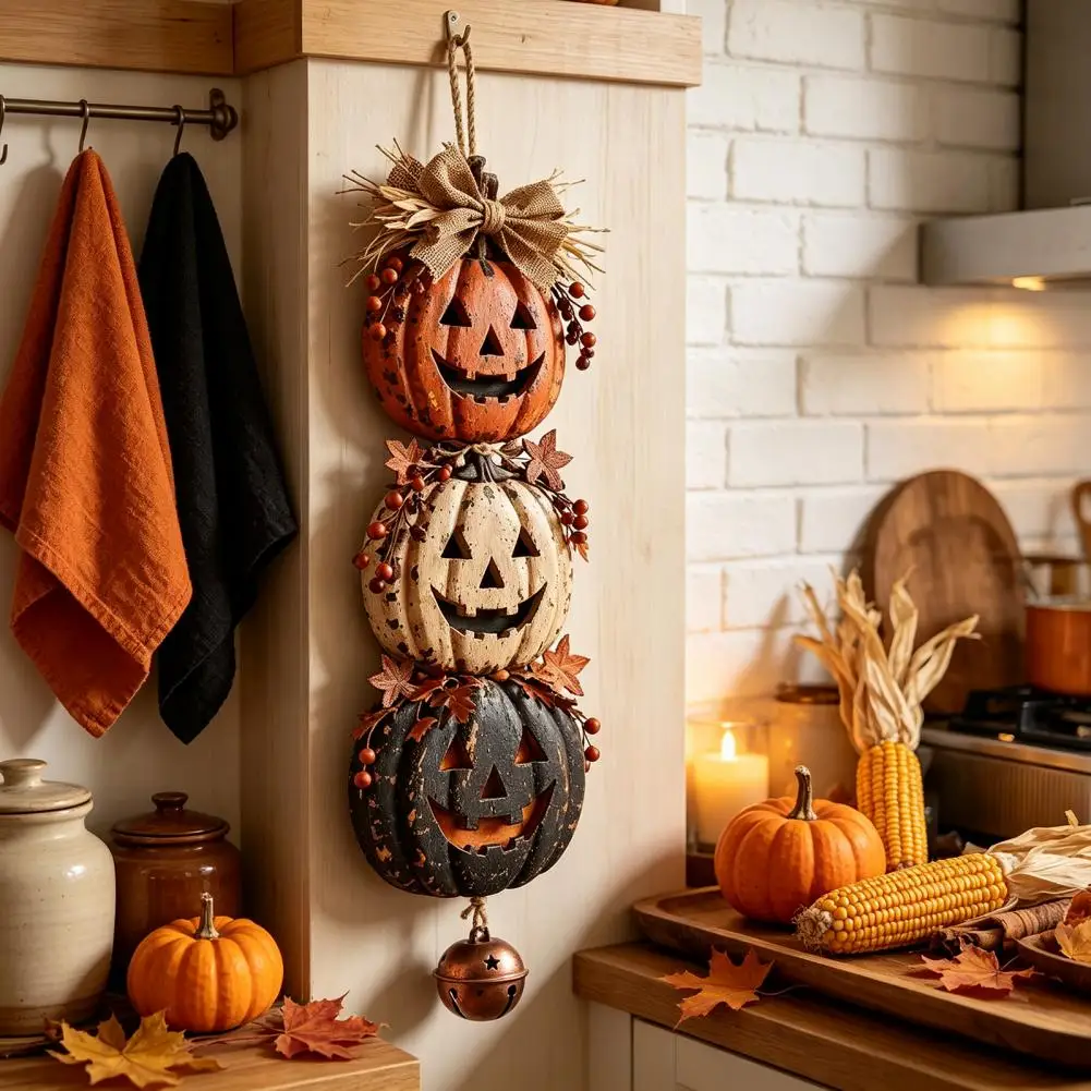 Halloween Hanging Ornaments Country Style Harvest Decor Halloween Stacked Pumpkin Door Hanger Vintage Jack-o-lantern for Porch