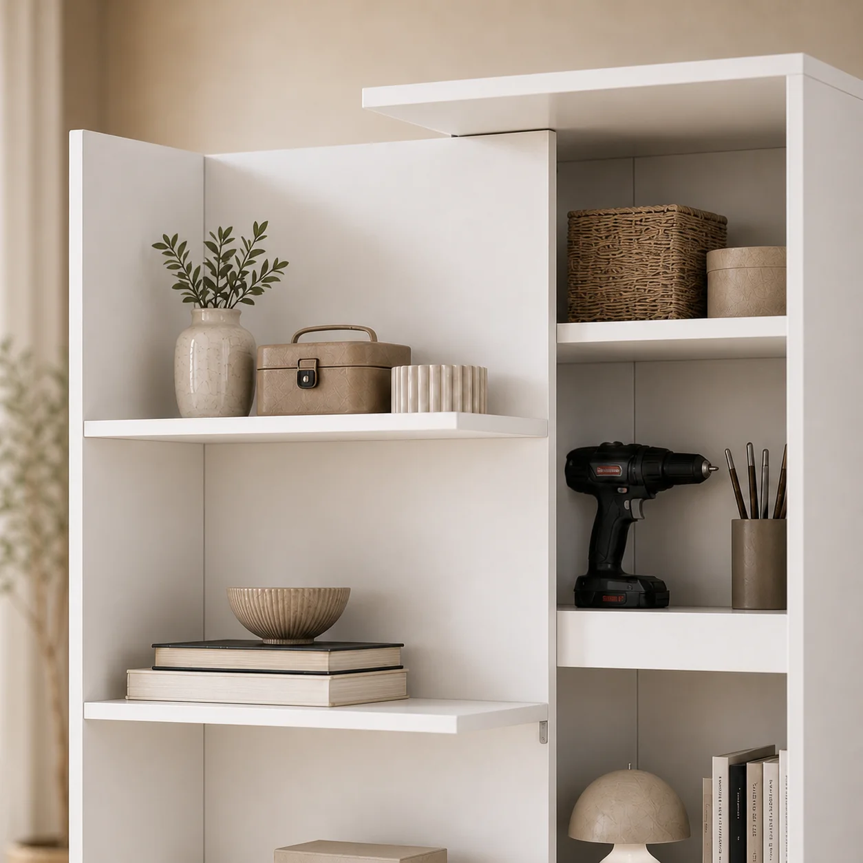 js-Modern Fold-Out Storage Cabinet with Rolling Desk | Space Saving Home Office Cabinet 3 Shelves Freestanding