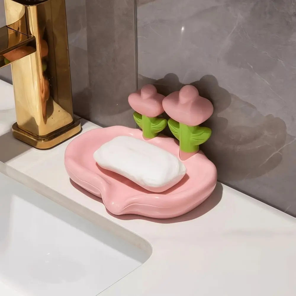 Tulip Design Drain Soap Dish Anti-slip No Drilling Required Soap Tray with Drainage Trough Solid Color Soap Storage Rack