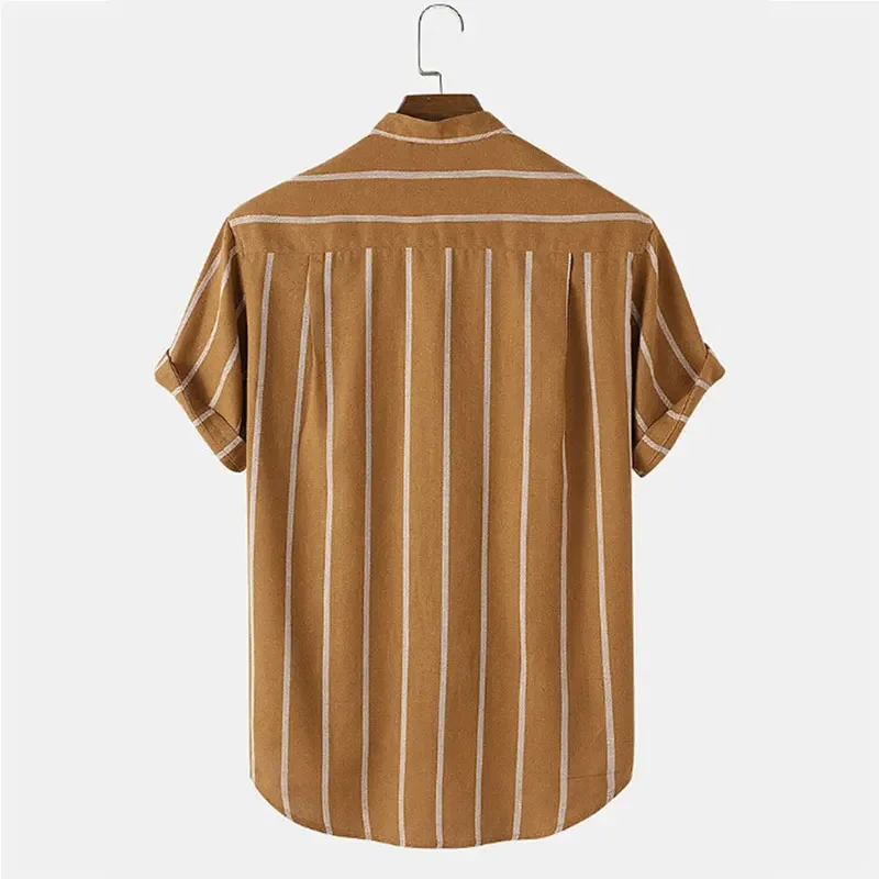 Camisa de manga curta listrada masculina com gola Stand, camisa solta casual de algodão de botão de linho, moda verão, 2024