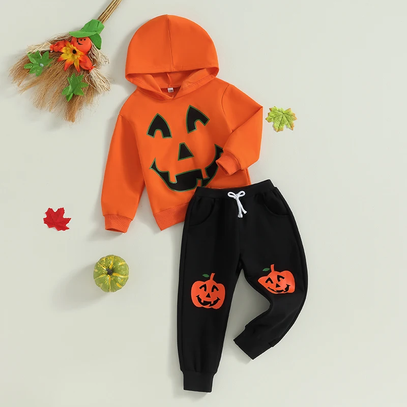 Halloween Costume Toddler Pumpkin Skeleton Print Hooded Sweatshirt and Pants Set for Boys and Girls 2 Piece Outfit