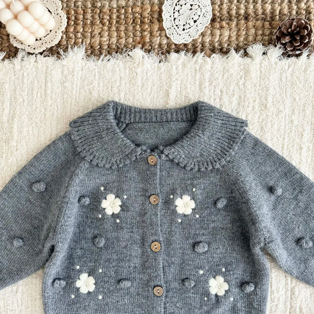 Fall Winter baby girl clothes kids coat Handmade hook flower French style knitted cardigan Retro girl's coat