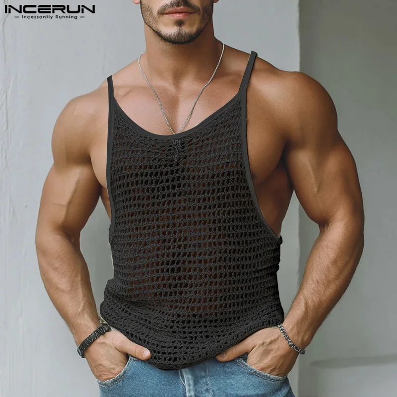 INCERUN Männer Tank Tops Mesh Ärmel Aushöhlen Casual Männlichen Westen Streetwear 2025, Solide Durchsichtig Sommer Sexy Männer Kleidung