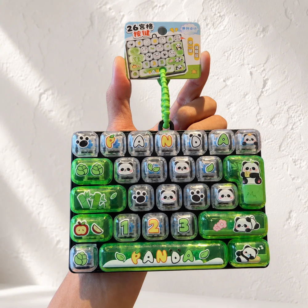 Cartoon Mechanical Keyboard Squeeze Toy 26 Keys Panda Print Keyboard Stress Relief Keychain Key Button Green Keyboard Keychain