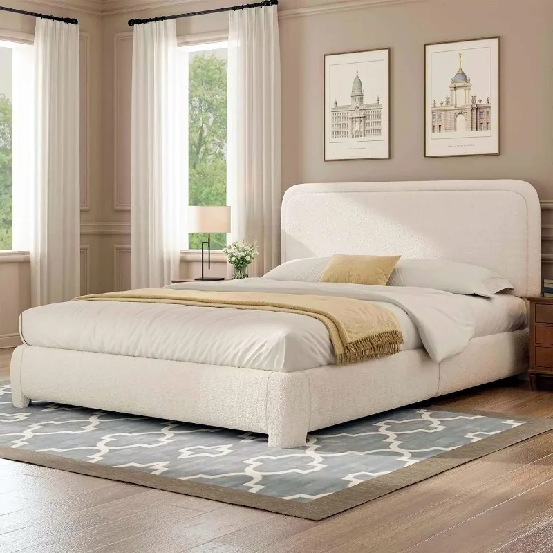 Full Size Bed Frame with Headboard Boucle Upholstered Platform Bed Frame Modern Style Soft Rounded Corners Easy Assembly Cream