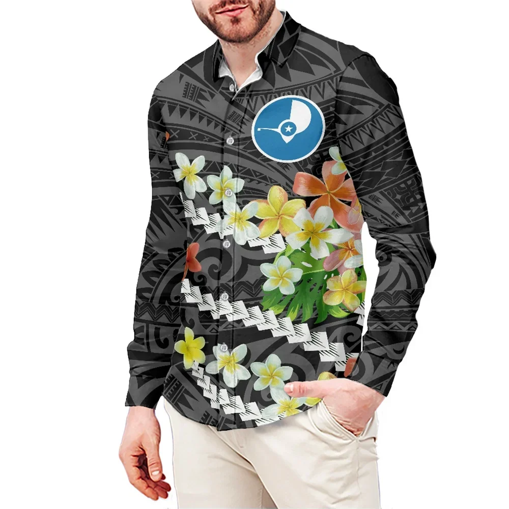 Print On Demand Men Shirt Polynesian Tribal Samoa Yap Island Floral Print Special Summer Blouses Long Sleeve Buttons Beach Shirt