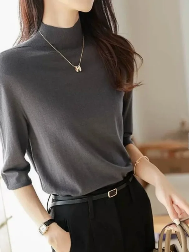 

Luxury Brand Knitted f High Collar Five-Quarter Sve Base irt for Women Thin Wool Blend Comfortable Fit Casual Top