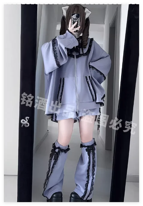 Y2K Subculture Dark Punk Goth Winter Cute Bow Zipper Loose Hooded Sweatshirt Jackets Top Hoodies Lace Black Shorts Sets Women