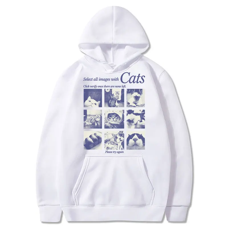 Funny Captcha Cat Graphic Hoodies Select All Images with Cats Meme Men Women Pullover Cute Kawaii Loose Fleece Casual Sweatshirt