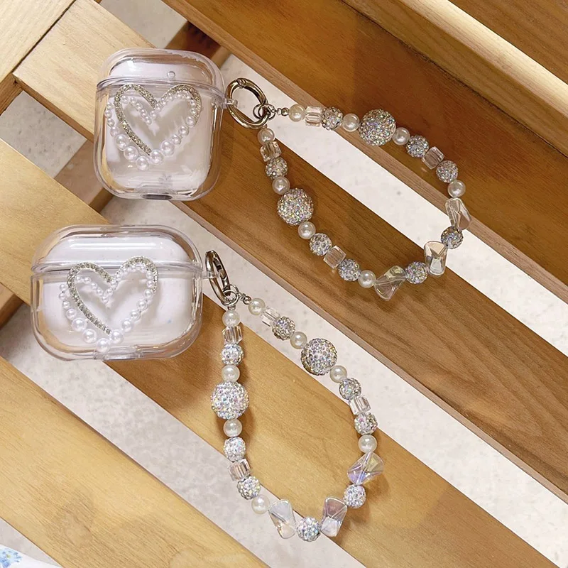 Funda rígida para Airpods 1/2/3, cubierta de auriculares de arena movediza líquida para Apple AirPods Pro 2, caja con cadena de perlas de diamante de lujo