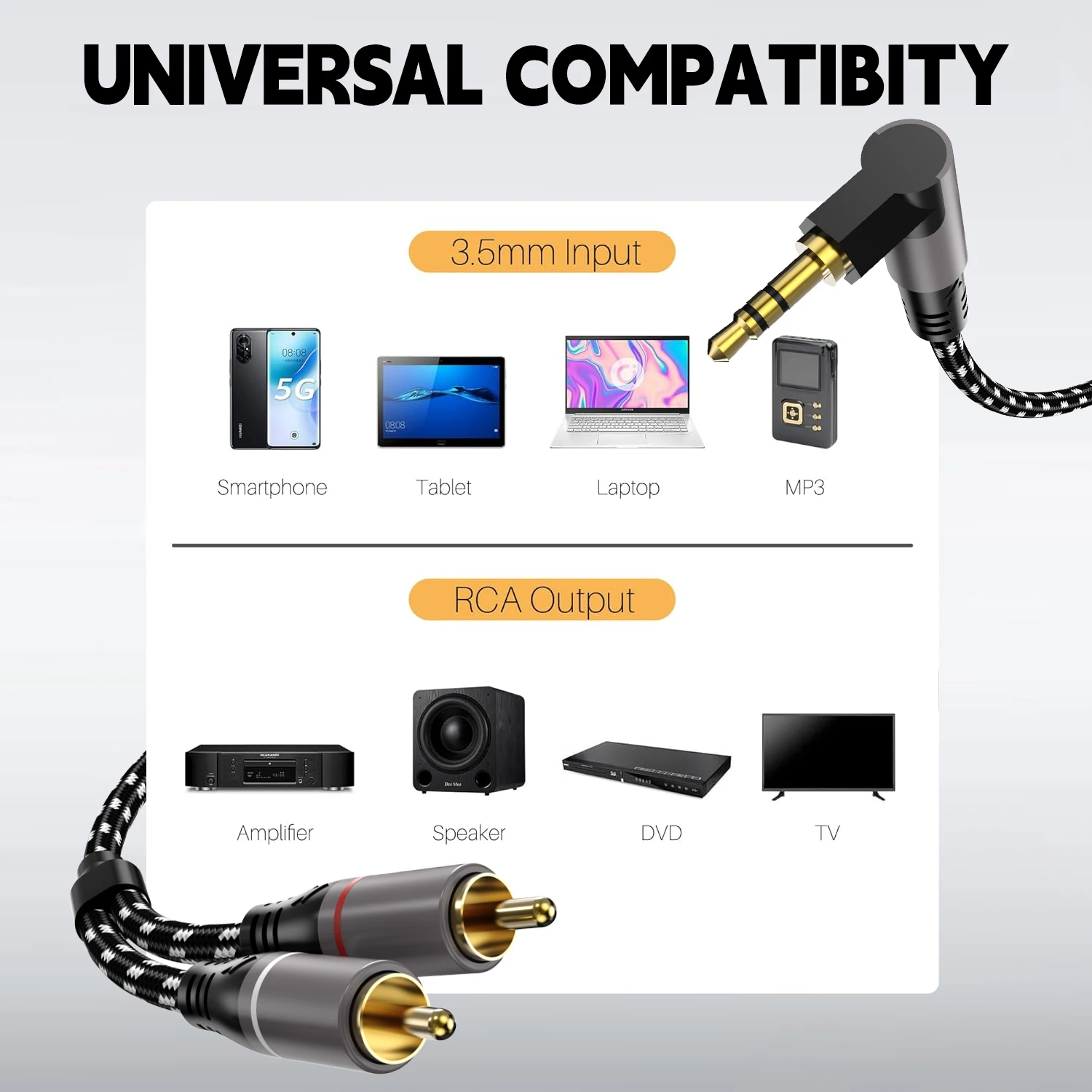 الكوع 3.5 مللي متر إلى 2RCA كابل Aux كابل الصوت 3.5 جاك إلى 2 RCA ذكر محول الفاصل ل صندوق التلفزيون فيديو مكبر للصوت المتكلم سلك الحبل