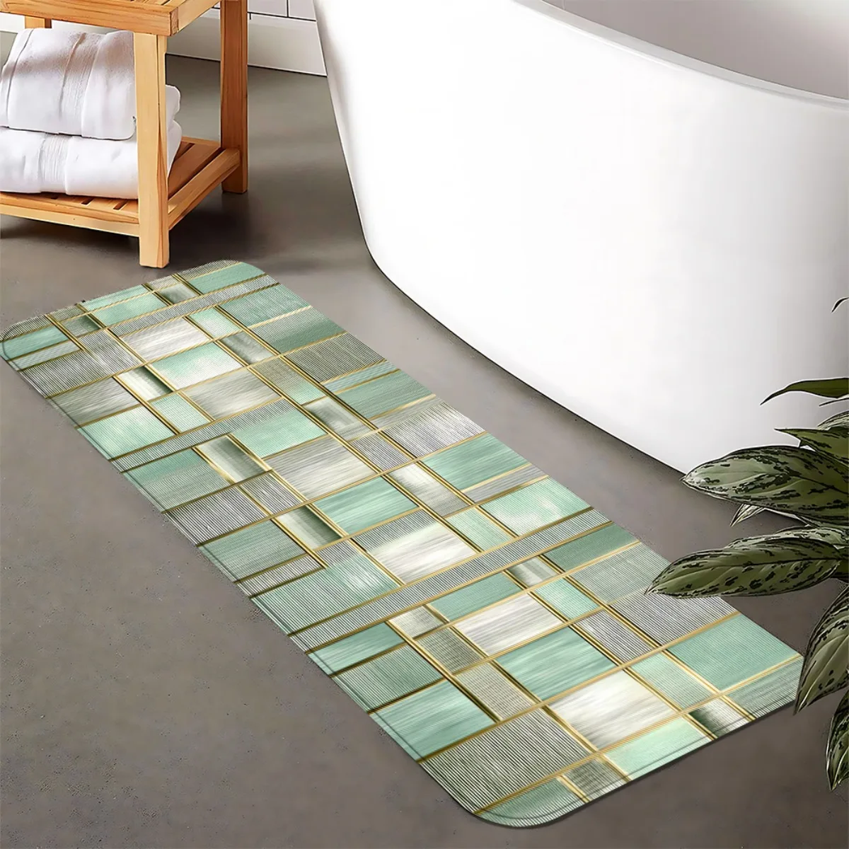 Mint Green Gold Line Tile Runner Mat Anti Slip Absorbent Rug Gloss Striped Square Print Carpet for Bedroom Kitchen Bathroom Room