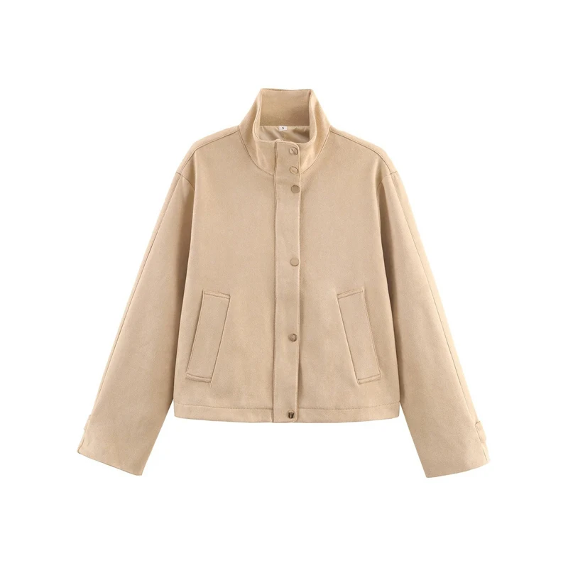Damen Elastische Wildlederjacke mit Kordelzug in Braun, Modische Jacke mit Langen Ärmeln und Stehkragen, Locker Geschnittener Mantel für Frühling, Alltag und Streetwear 2026 – Detail 10