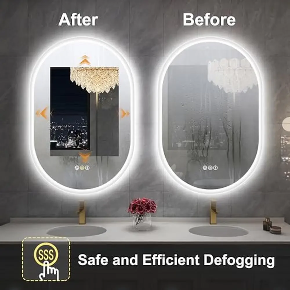 LED Oval Bathroom Mirror with Anti-Fog Bluetooth Speaker & 3 Colors Temperature Control Dimmable Lighted Mirrors Bathroom Makeup