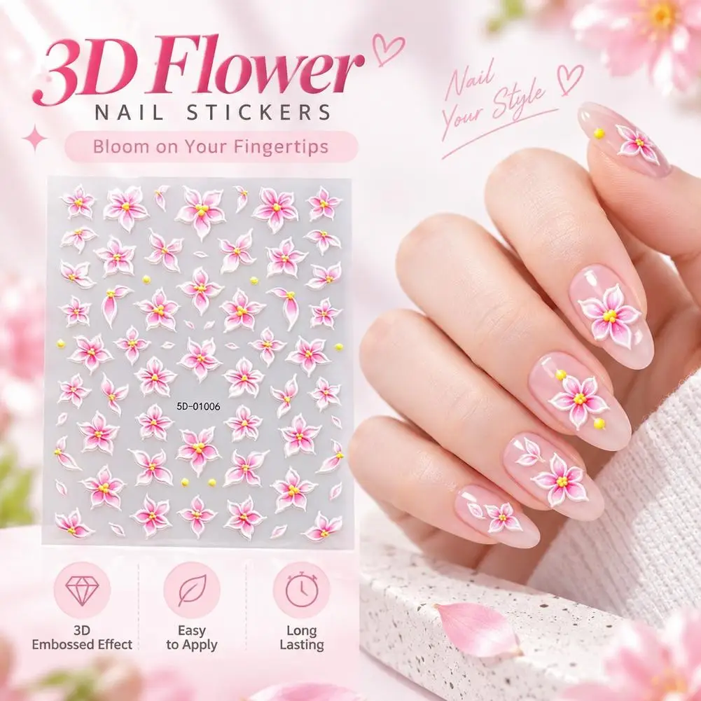 5D Nail Carving Stickers Relief Three-Dimensional Carved Nail Art Sticker Cute Soft Lily Flower Nail Decals Easy Nail DIY
