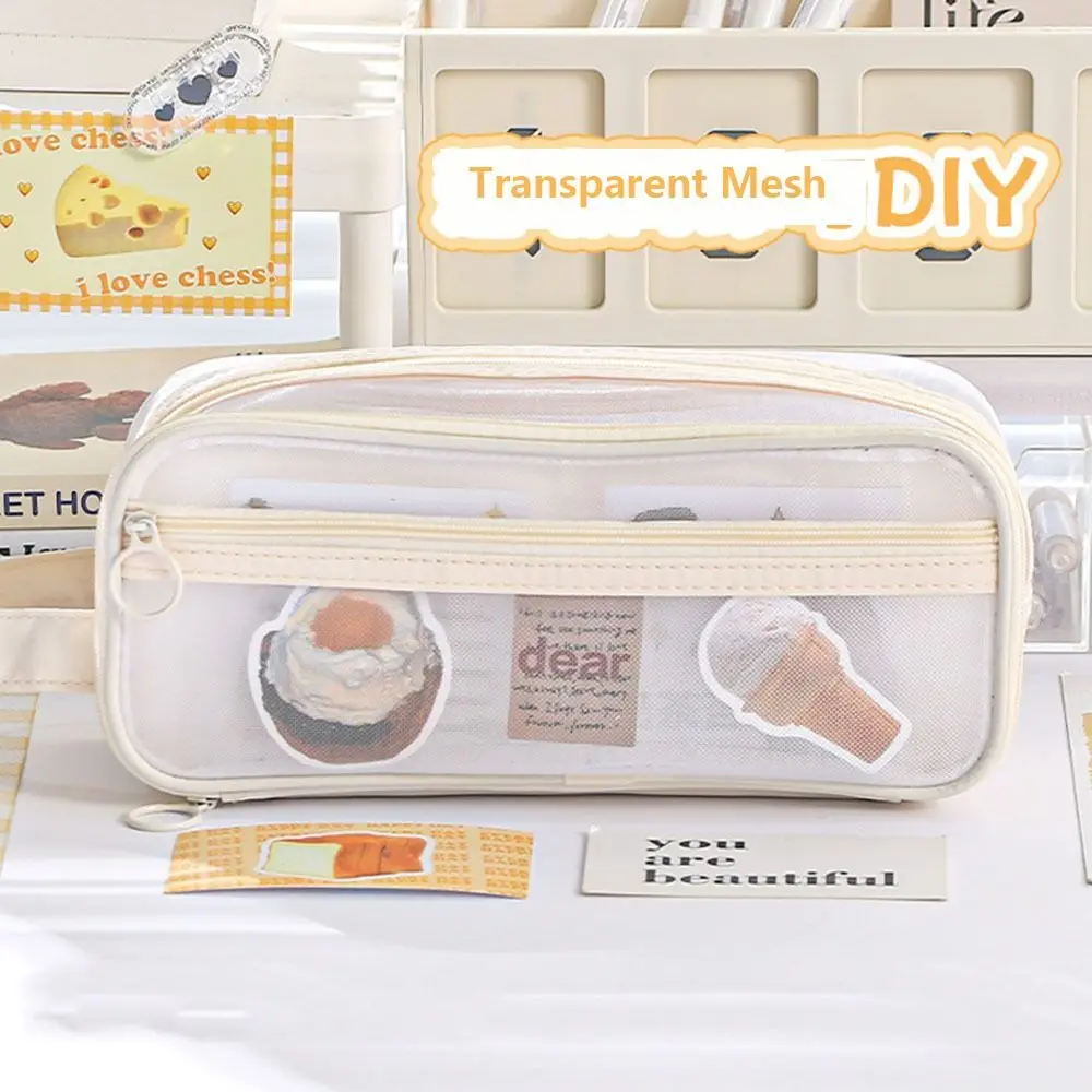 Large Capacity Transparent Mesh Pen Bag Zipper Transparent Stationery Pen Case Double-deck Mesh Bag Pen Storage Bag