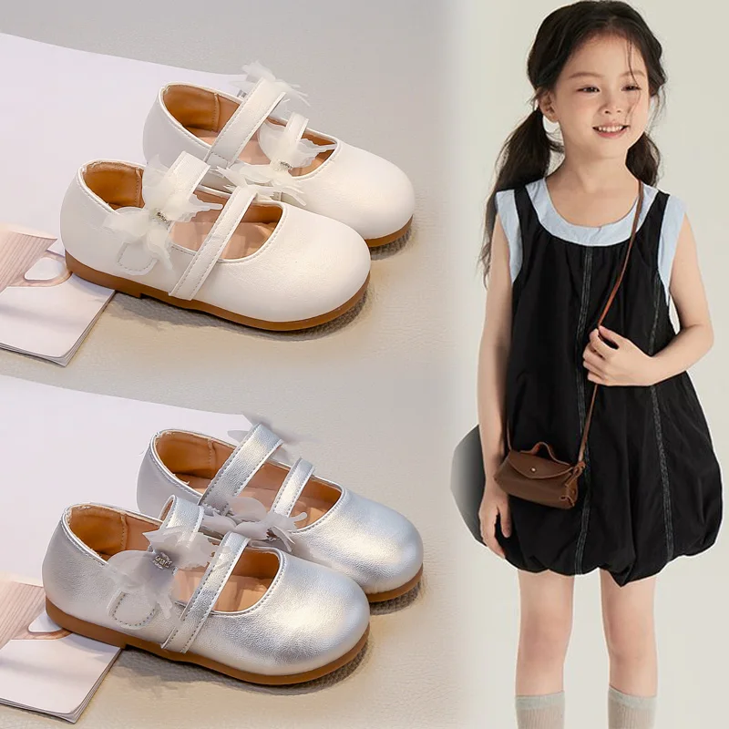 Girls Princess Leather Shoes Glossy PU Kids Causal Shoes for Wedding Party Fashion Butterfly Children's Flats Simple Round-toe