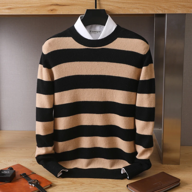 100 Pure Woolen Sweater Men\'s Round Neck Stripe Autumn Winter 23 New Knit Outerwear Underlay Cashmere Long Sleeve Fashion Casual