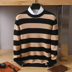 100 Pure Woolen Sweater Men's Round Neck Stripe Autumn Winter 23 New Knit Outerwear Underlay Cashmere Long Sleeve Fashion Casual