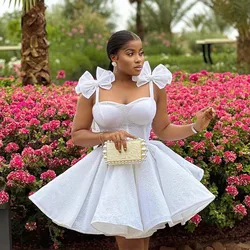 Pretty White Puffy Short Prom Dresses with Bow Straps African Cute Women Formal Party Gowns Cocktail Dress vestidos de fiesta