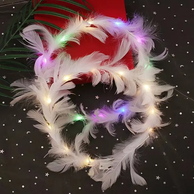 LED Feather Wreath Crown Headband for Women, Light-Up Angel Halo Headband, Luminous Headdress for Girls, Wedding, Christmas Glow