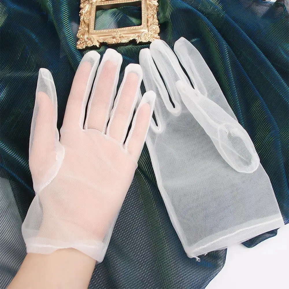 

Girls White Transparent Wedding Black Faux Silk Opera Gloves Mesh Short Gloves Finger Gloves