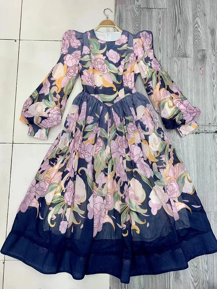 VGH Colorblock Floral Printing Vintage Dresses For Women Round Neck Long Sleeve High Waist Elegant Dress Female Fashion Style