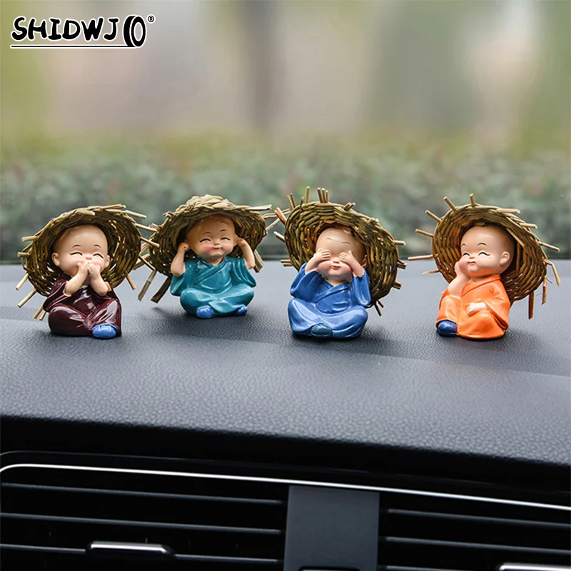 4Pcs Cute Straw Hat Monks Buddha Statues Creative Buddha Dolls Table Car Decoration Resin Crafts Gift Little Monk Sculptures