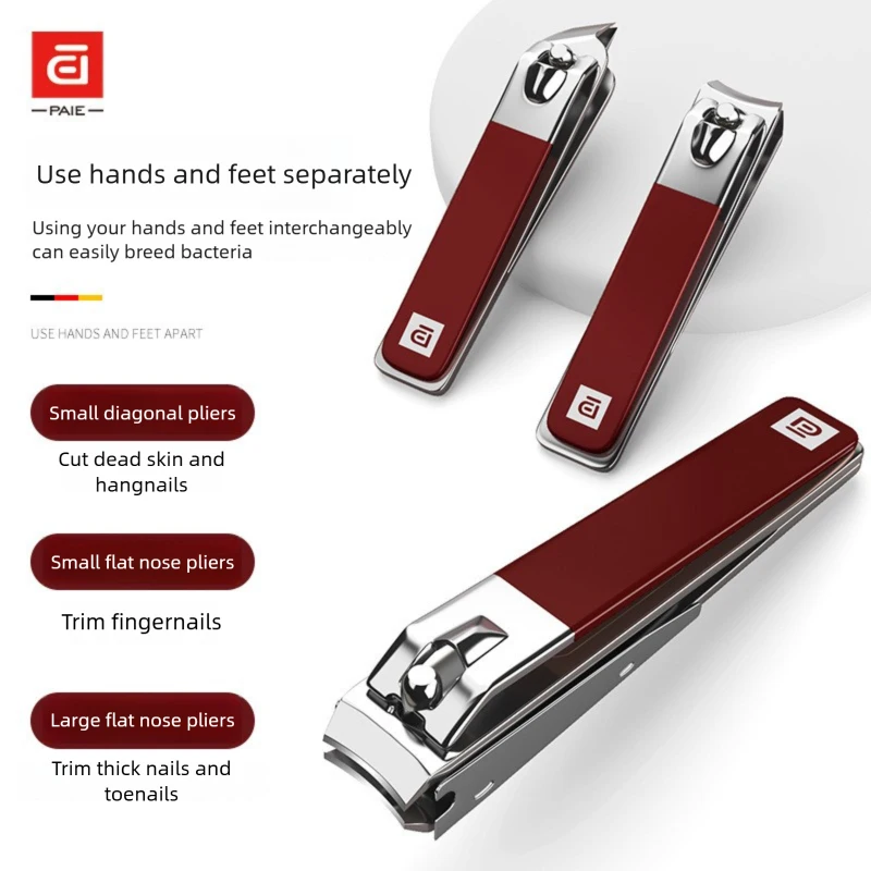 PAIE Stainless Steel Nail Clippers Set Anti-Splash Slanted Edge Sharp Professional with Ear Pick Small Large Sizes Manicure Kit