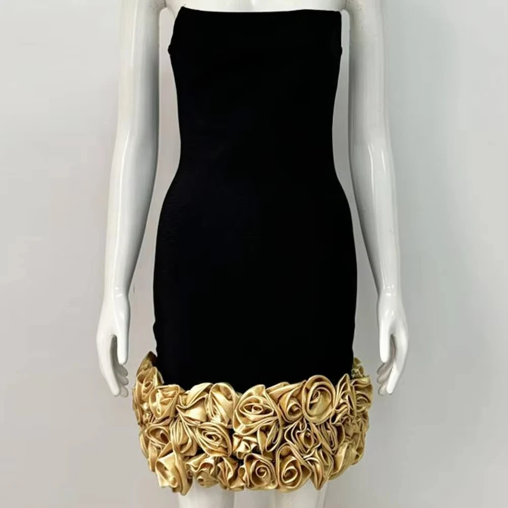 Mini VC Black Strapless Short Bandage Dress Gold 3D Flowers Hemline Sleeveless Backless Floral Prom Bodycon Cocktail Party Wear