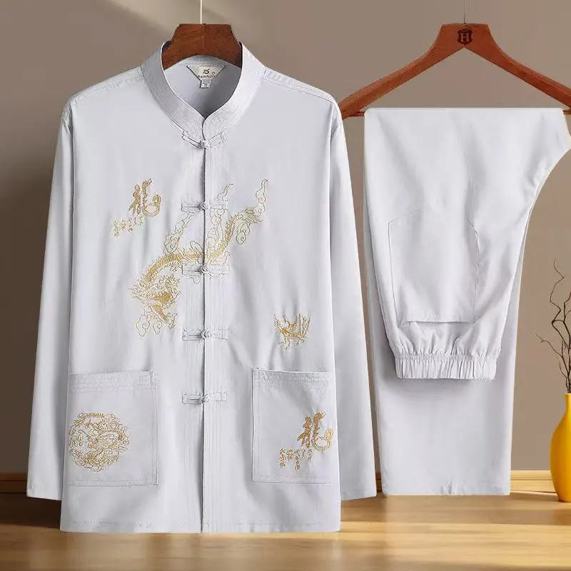 대형 아빠의 태극권 의류 남성 여성 드래곤 자수 쿵후 유니폼 중년 아버지 아침 운동 당나라 정장