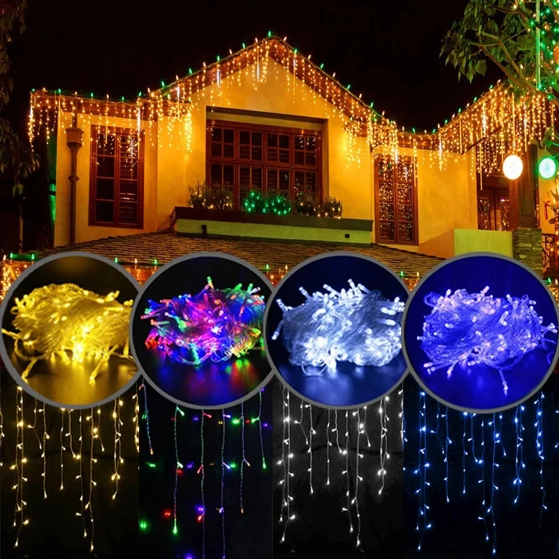 220V 110V Christmas Garland 96 LEDS  Curtain Icicle String Lights Droop 0.4-0.6m Holiday Light Garden Street Outdoor Decorativ